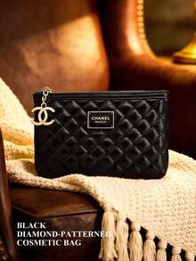 CHANEL 黑色绗缝真皮化妆包、卡包、真皮收纳袋、黑色绗缝、化妆包、便携式收纳包、手提包、化妆盒、卡包、便携式、手拿包、口红盒 - 黑色 - 查看 2