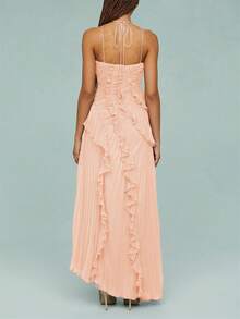 Women Ruffle Hem Pleated Sheer Mesh Long Maxi Dress Sleeveless Halter Neck Irregular Tiered Flowy Long Maxi Dresses For Wedding Guest Summer Holiday Beachwear - 珊瑚粉 - 查看 5