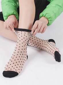 5双装（随机款式）女士时尚黑白波点条纹透明网眼中筒袜，轻薄透气，适合春夏日常穿着 - 黑與白 - 查看 6