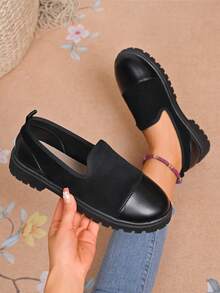 Women's All Black Slip-On Casual Shoes Comfy Knit Fabric Platform Serrated Sole Daily Wear Flats - Black - View 1