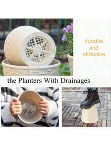 加厚竹纹花盆，北欧风格，适合室内外种植，塑料花盆底部排水设计，配有托盘——防止根腐病，适合常春藤、多肉植物和其他植物。 - 米色 - 查看 7