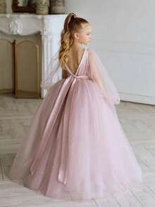 Tween Girl Deep V-Back Pearl Mesh Tulle Valentine's Day Party Princess Dress, Suitable For Teenage Girls Birthday Party, Flower Girl, Wedding, Prom, Holiday Occasion - Pink - View 2