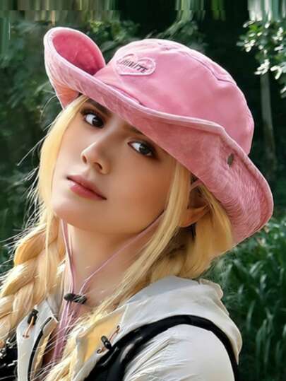 1pc Heart Patch Bucket Hat, Outdoor Vacation Sunscreen Hat, Fresh Korean Style Sun Protection Hat For Women, Versatile Summer Outdoor Fishing Hat