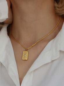 Stainless Steel Waterproof & Fade-Resistant Vintage Gold Sun, Star, Moon Rectangle Pendant Necklace, Suitable For Women's Daily Wear - Gold - View 2