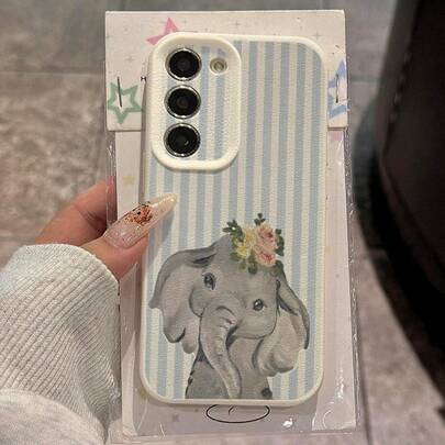 1pc Cute Light Blue Striped Elephant With Flower Crown Soft TPU Phone Case, Suitable Compatible With Samsung S24/S23/S22/S21/S20FE/S10/A73/A72/A71/A55/A54/A53/A52/A51/A50/A33/A34/A32/A31/A25/A23/A21S/A15/A14/A13/A12, Note13Pro/Note12/Note11/Note9S/Note8/10A/9C/9A, Shockproof Full Coverage Protective Cover, Fashion, Gift For Girlfriend/Boyfriend/Couple/Husband/Friend/Best Friend/Wife/Birthday