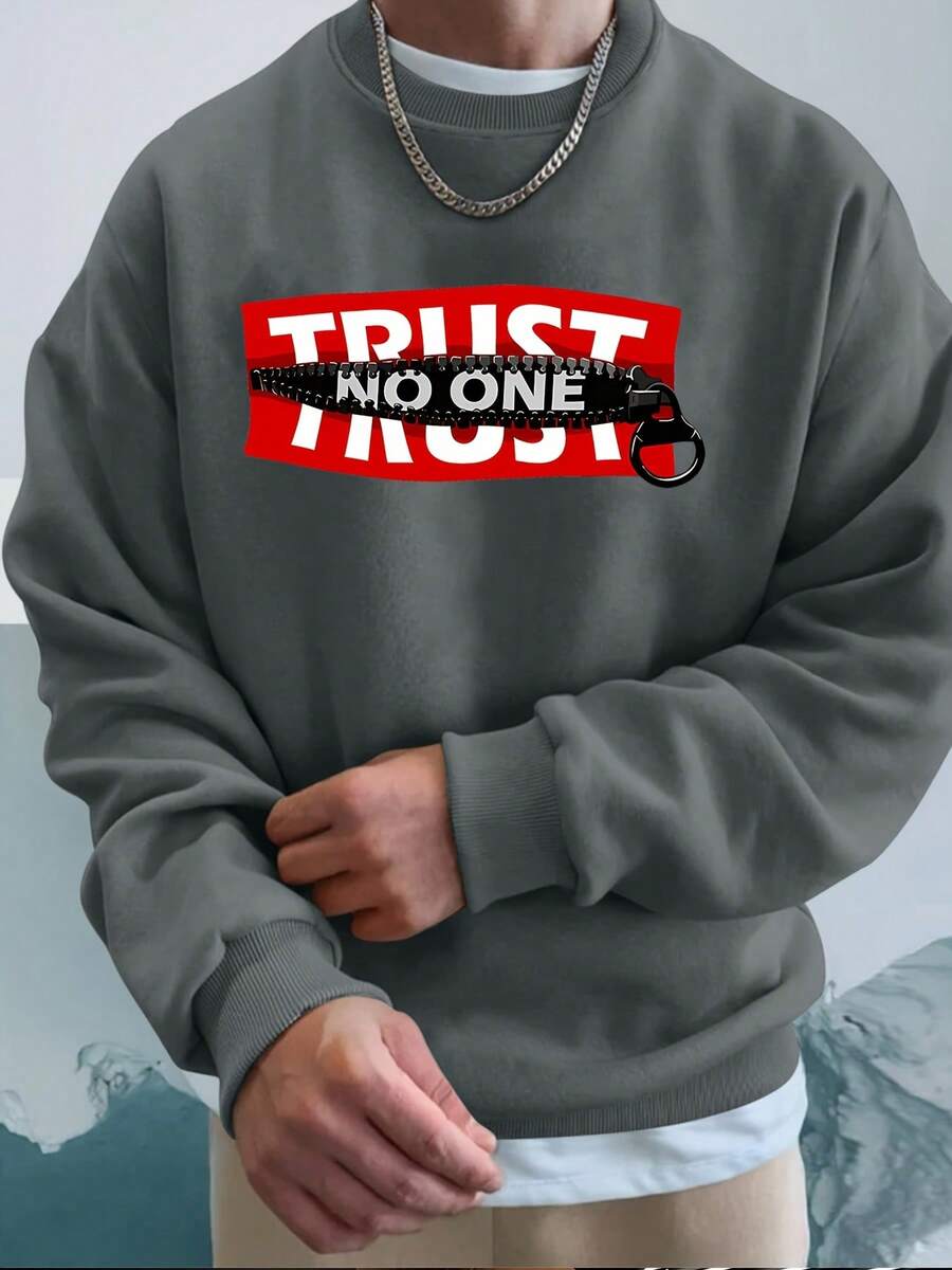 (250g  Men's Round Neck Sweatshirt)  Trust No One  Red Eyes Pattern Printed Casual Pullover With Street Style, Suitable For Outdoor Wear In Autumn And Winter - Màu xám đen - Xem 1