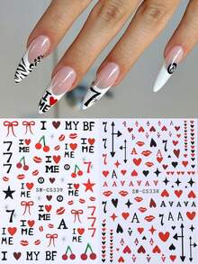 2张情人节美甲贴纸，时尚浪漫的3D爱心、字母、蝴蝶结、嘴唇、樱桃图案美甲贴花，DIY美甲用品 - 彩色 - 查看 3
