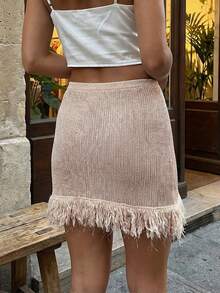 Women Y2k Fringe Knit Mini Skirts Boho Bodycon Low Waist Going Out Crochet Tassel Short Skirt - 卡其色 - 查看 2