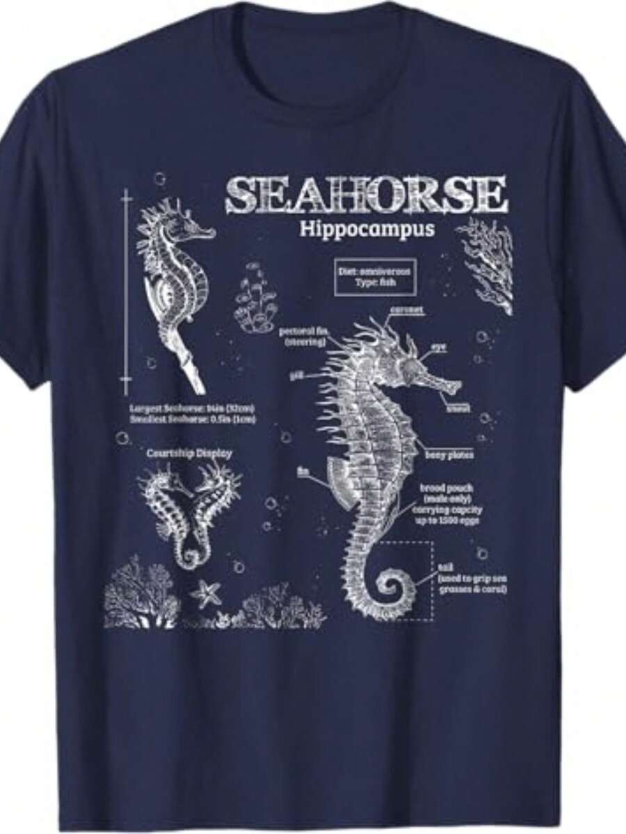 Unisex T-Shirt With Seahorse Anatomy Print, 100% Cotton, Free Shipping, Fast Shipping, Men's And Women's Style, Stylish Shirt. - 深藍色 - 查看 1