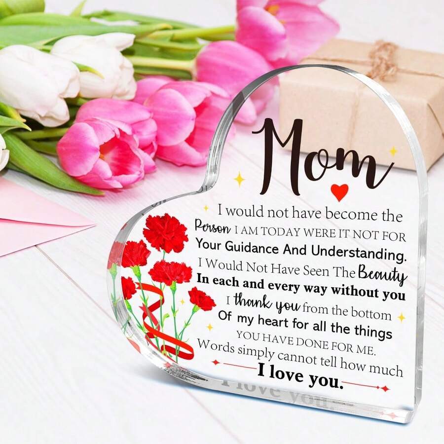 1pc "Dear Mom I Love You" Heart Acrylic Plaque, Meaningful Letter Gift From Daughter & Son, Sentimental Mother's Day Keepsake - Multicolor - View 1