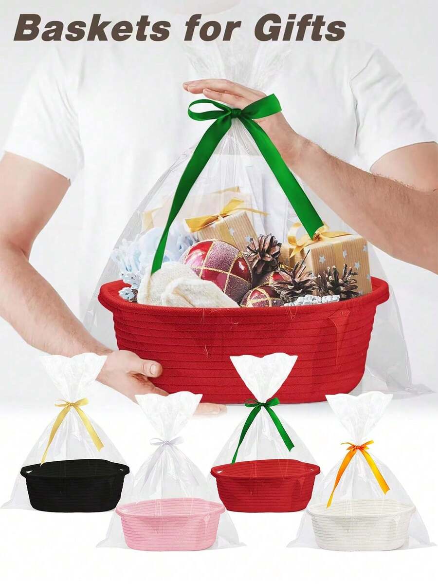 This Is A Hand-Woven Gift Basket And Storage Basket Made Of Rope, Very Suitable For Storing Snacks, Toys, Gifts, Cosmetics, Toiletries, Etc. This Is A Multi-Functional Oval-Shaped Storage Basket, Very Suitable As A Holiday Gift, For Daily Home Use, And For Storing Gifts. - Ribbon Gift Basket - View 1