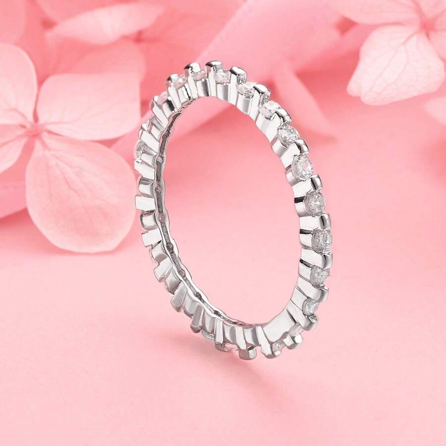 1枚925纯银镀层7-10号精美单排锆石女士戒指，结婚/订婚礼物配饰 - 銀色 - 查看 1