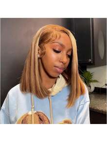 200% 密度，完美日常佩戴，基础款女士蓬松假发，女士短款棕色渐变波波头假发，短直波波头假发 #4/27 13x4 透明蕾丝前假发，短直波波头假发，蕾丝前假发，适合日常佩戴和角色扮演，短直波波头假发，预拔毛渐变挑染假发，直发假发，带婴儿发的短款棕色渐变波波头假发，假发纹理 - S4/27 - 查看 6