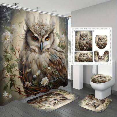 1/4pcs Deluxe Owl Pattern Bathroom Set - Waterproof Shower Curtain, Non-Slip Rug, U-Shape Mat, Lid Cover Pad - Complete Bathroom Decor Solution With 12 Hooks For Easy Installation