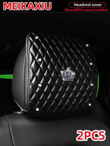 MEIKAXIU 1/2pcs Soft Leather Embroidered Rhinestone Bling Bling Crown Car Headrest Cover, Comfortable Car Decor Accessories - Soft Leather Crown Headrest Cushion - View 4