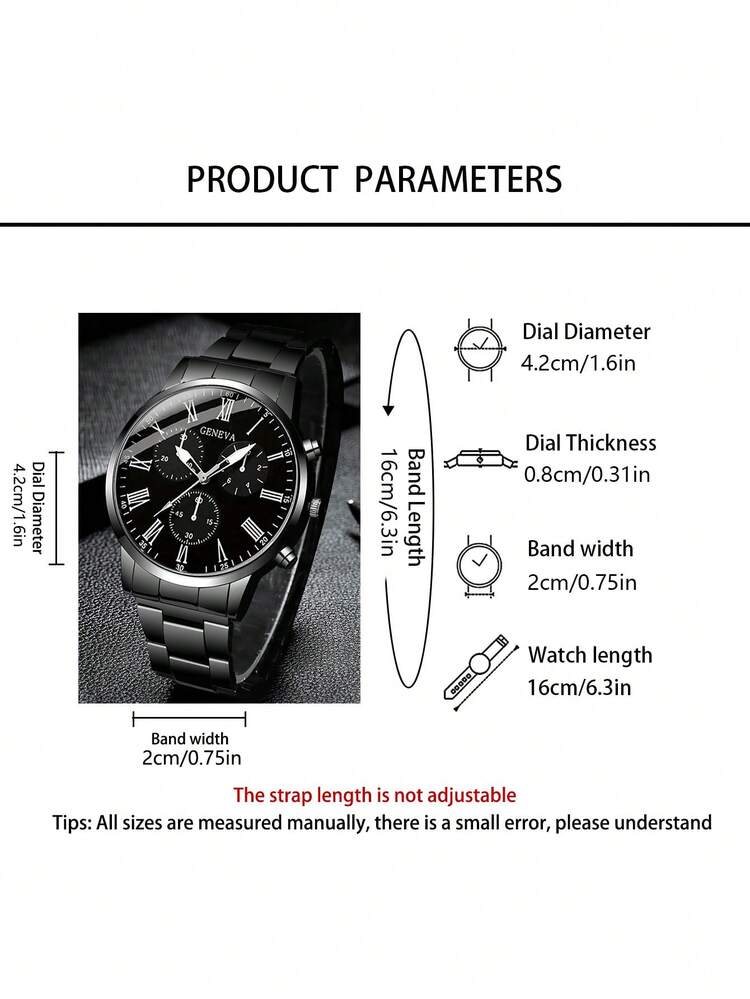 4件套极简商务休闲男士石英表套装，配件齐全（包括黑色金属表带罗马数字石英表、黑色几何纹理皮革钱包、黑色金属钥匙扣和黑色金属笔）。采用全黑配色，极简商务设计。 - 黑色 - 查看 3