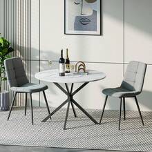 Dining Table And Chairs Set Of 2, White Folding Round Dining Table With 2 Grey Linen Fabric Chairs For Dining Room, Kitchen, Living Room - White Marble Table + 2 Gray Linen Chairs - View 12