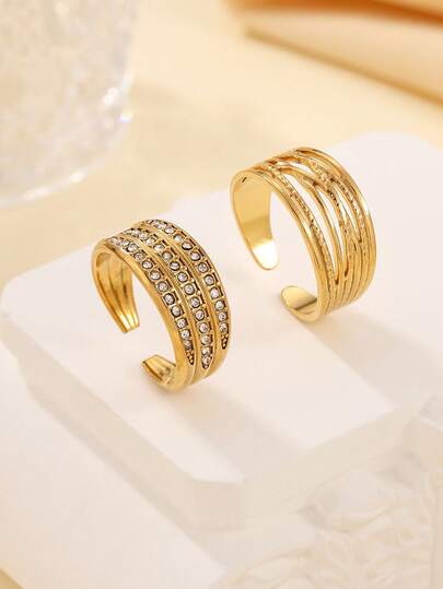 2 piezas Juego de anillos abiertos glamorosos y de moda de acero inoxidable dorado, incrustados con múltiples pequeños diamantes blancos, adecuados para uso diario de mujeres o como regalo
