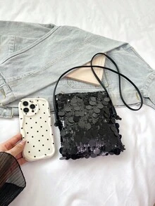 1pc Quilted Open-Close PVC Sequin Small Square Bag, Fashion Shiny Sequin Coin Purse Phone Bag, Women's Party Event Bag, New Stylish Chain Crossbody Bag, Shiny Glitter Chic Shoulder Bag, Suitable For Women To Attend Banquets And Parties - Black - View 7