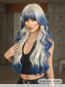 7JHH WIGS Ombre Platinum To Blue Wig Loose Extra Long Wavy Wig For Women 30 Inch Synthetic Wave Curly Wig With Bangs, Soft High Quality Heat Resistant Fiber Hair Full Machine Colored Wigs For Halloween, Cosplay, Music Festivals, Theme Parties & Celebrations - 藍色 - 查看 4