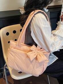 Peach Tree Tote Bag, Black Nylon Waterproof Minimalist Style Large Capacity Foldable Shoulder Bag, Suitable For Daily Commute, Shopping, Travel, Party, Cosmetic Storage, Women Gift, Fashion Party Favor - Multicolor - View 10