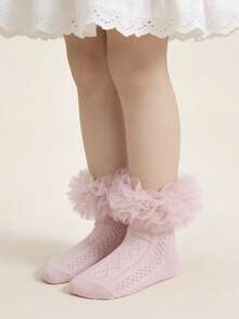 1 Pair Cotton Children's Lace Trim Short Socks, Fluffy Lace Mesh Girls' Princess Dance Socks - Pink - View 3