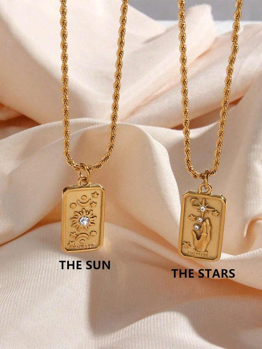 Stainless Steel Waterproof & Fade-Resistant Vintage Gold Sun, Star, Moon Rectangle Pendant Necklace, Suitable For Women's Daily Wear - Gold - View 1