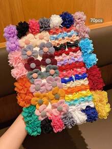 70pcs Random Color Fabric Bow Hair Clips, Cute Bow Hair Accessories, Sweet Style Hair Clips Suitable For Daily Use - Multicolor - View 6