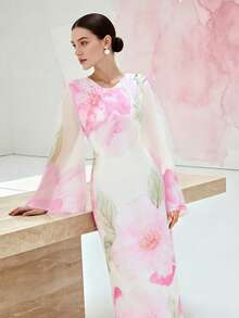 1 pieza Vestido de manga campana con cuello en V y estampado floral, vestido largo de manga larga para mujer para vacaciones, bodas, vacaciones, uso diario, fiestas de cumpleaños, primavera/verano - Blanco - Ver 4