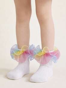 1 Pair Cotton Children's Lace Trim Short Socks, Fluffy Lace Mesh Girls' Lace Trim Socks, Cute Princess Dance Socks - White - View 3