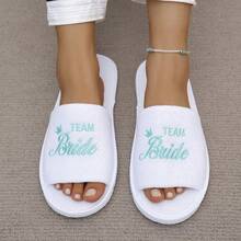 Women's Disposable Slippers With Gold Crown Pattern, Mint Green Crown Pattern And "" Embroidered Logo, Open Toe, White Coral Fleece Material, Wedding Bridesmaid Use - Multicolor - View 15