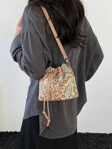 新款中国风单肩包，书法单肩包，复古印花水桶包，女士休闲时尚手提包，春季托特包 - 彩色 - 查看 4