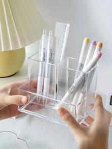 1个透明亚克力三格笔筒多功能收纳盒，适用于办公室、学生书桌、化妆品、护肤品收纳——时尚紧凑的桌面收纳，节省空间，现代透明桌面配件，适合返校季、宿舍、家庭办公室、梳妆台和美容站；非常适合学习角、工艺桌、梳妆台，可收纳化妆工具、钢笔、铅笔、刷子、护肤品罐子和小配件 - 彩色 - 查看 2