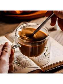 1-2-4pcs 200ml Double-Layer Glass Cup With Handle, Coffee Cup, With Gold Icon. Reusable Espresso Glass Cup, Tea Cup, Milk Cup. Ideal Birthday & Holiday Gift, Coffee Machine Accessory - Multicolor - View 11