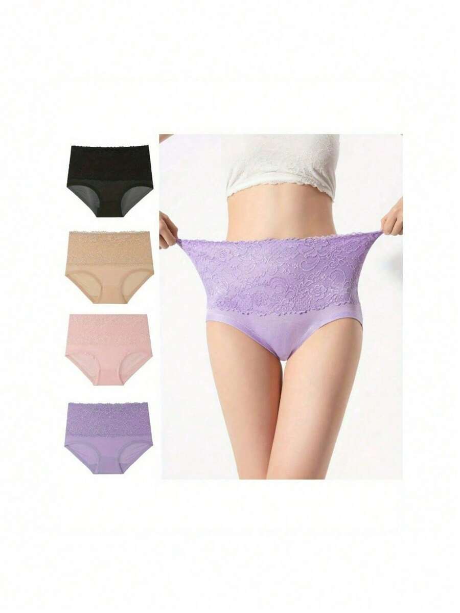 4 Pieces, Women's Plus Size Lace-Trimmed Underwear, Elegant And Comfortable Loose Briefs, High Waist And Seamless Breathability, 150kg Can Be Worn By Middle-Aged And Elderly Women - 混合顏色 - 查看 1