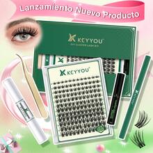 Kit de Extensión de Pestañas DIY KEYYOU - Set Profesional 144 Pestañas Clúster + Adhesivo Profesional, Removedor, Cepillos y Accesorios para Extensiones Seguras en Casa​ - Pestañas Ojos de Gato - Ver 3