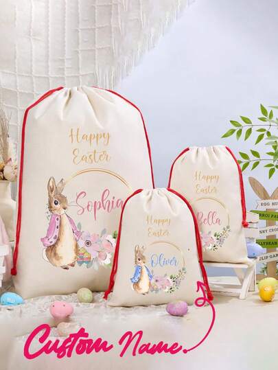 Bolsa de regalo personalizada con conejo de Pascua - Saco de lona grande con diseño floral y nombre personalizado, canasta de conejo de Pascua feliz para obsequios de fiesta, búsqueda de huevos y celebraciones festivas
