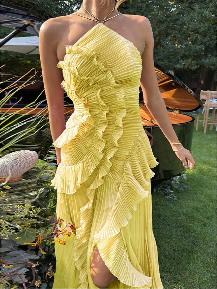 Women Ruffle Hem Pleated Sheer Mesh Long Maxi Dress Sleeveless Halter Neck Irregular Tiered Flowy Long Maxi Dresses For Wedding Guest Summer Holiday Beachwear - 黃色 - 查看 1