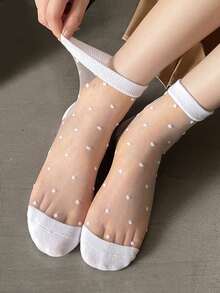 5双装（随机款式）女士时尚黑白波点条纹透明网眼中筒袜，轻薄透气，适合春夏日常穿着 - 黑與白 - 查看 5