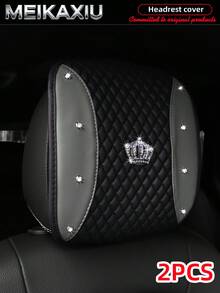 MEIKAXIU 1/2pcs Soft Leather Embroidered Rhinestone Bling Bling Crown Car Headrest Cover, Comfortable Car Decor Accessories - PU Leather Color-blocked Embroidered Diamond Crown - View 18