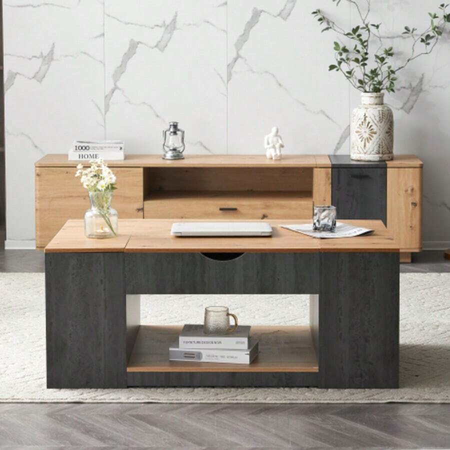 WF311892AAZ Lift-Top Coffee Table - 109.5 Cm, Grey Frame, Elegant Design, Storage Space Under The Tabletop