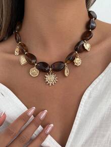 1pc Bohemian Asymmetrical Beaded Pendant Necklace With Geometric, Water Drop, Sunflower, Flame, Heart Elements, Elegant Luxury Jewelry For Wedding, Party, Vacation, Daily Casual, Street Snap, Women & Couples, Holiday & Birthday Gift