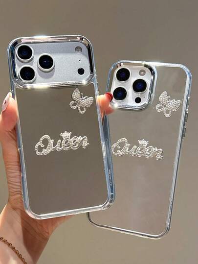 2026新款闪亮镜面手机壳 - 银色电镀边框，镶钻蝴蝶和女王皇冠装饰，防震防滑，生日礼物、情人节礼物、新年礼物 | 兼容 17 / 17 Pro / 17 Pro Max / 17 Air、16/15/14/13/12/11/Pro/Pro Max/Plus、S20/S21/S22/S23/S24/S25/FE/Ultra/Plus、A56 5G系列 | 防摔保护 | 手机壳及手机配件 | 16寸手机壳