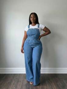 Women's High Waist Adjustable Strap Wide Leg Denim Overalls, Slimming Loose Fit Bib Pants - Medium Wash - View 3