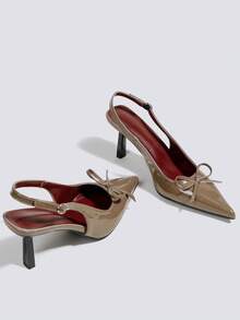 Women's Camel Bow Tie High Heel Shoes, Open Toe High Heels, Party High Heels, Wedding Shoes, Mary Jane Shoes, Formal Shoes, High Heel Sandals, Backless Slip-On Pointed Toe High Heels - Camel - View 3