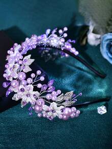 1件手工水晶珍珠新娘发箍，银色婚礼发饰，伴娘礼物，情人节女士发箍装饰 - 紫色 - 查看 4