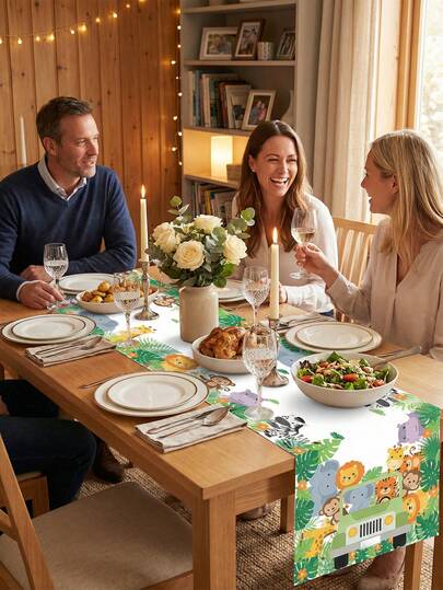 1pc Colorful Jungle Animal (Lion/Zebra/Monkey/Elephant/Giraffe) & Tropical Plant Pattern Jungle Animal Table Runner, Cute Cartoon Style Polyester Long Rectangular Table Decor – With Vibrant Animal Accents, Foliage Details, Jungle Animal Table Decor Room Decoration Festive Atmosphere Setup Table Runner For Kids' Birthday Celebrations, Family Gatherings & Indoor Home Decor