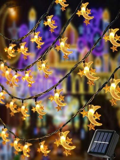Solcellsdrivna trädgårdsljusslingor, vattentäta utomhuslampor med IP65, måne- och stjärnljusslingor för Ramadan - 20/50/100 LED-lampor, 5 M 16,4 Ft / 7 M 23 Ft / 12 M 39 Ft ljusslinga för studentrum, trädgård, innergård, träddekoration, hus, camping, uteplats, sovrum, jul, Eid Al Fitr, nyår, festdekoration