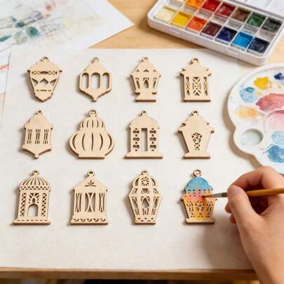 1 Set Of 12pcs/2 Sets Of 24pcs Unfinished Ramadan Wooden Lantern Decor Set, Easter Wooden Slice Hanging Decor, DIY Painted Wooden Slice Decorative Hanging, Islamic Wooden Lantern And Crescent Decor, Suitable For Eid, Easter, Yard Hanging Decoration