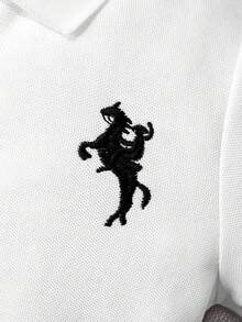 Young Boy Cotton Classic Fashion Knight Embroidery Solid Color Short Sleeve Polo Shirt, Suitable For Daily, School, Gathering And Group Activities - White - View 5
